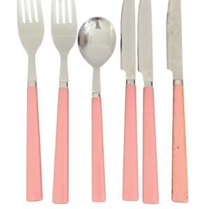 6 Pc Flatware Vtg MCM Stainless Steel Pink Plastic Handle Silverware Thailand